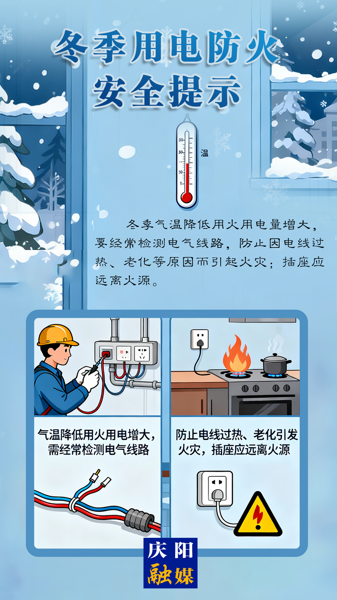 【全國消防宣傳月】冬季用電防火安全提示丨要經常檢測電氣線路，防止電線過熱、老化而引起火災