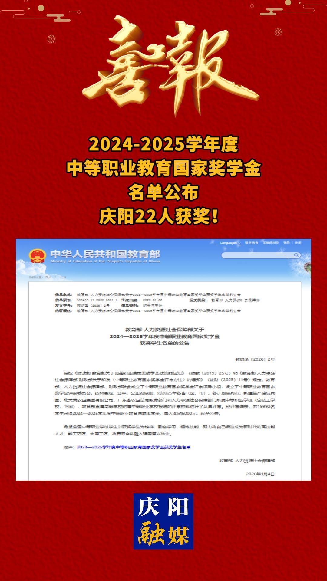 2024-2025學年度中等職業教育國家獎學金名單公布，慶陽22人獲獎！
