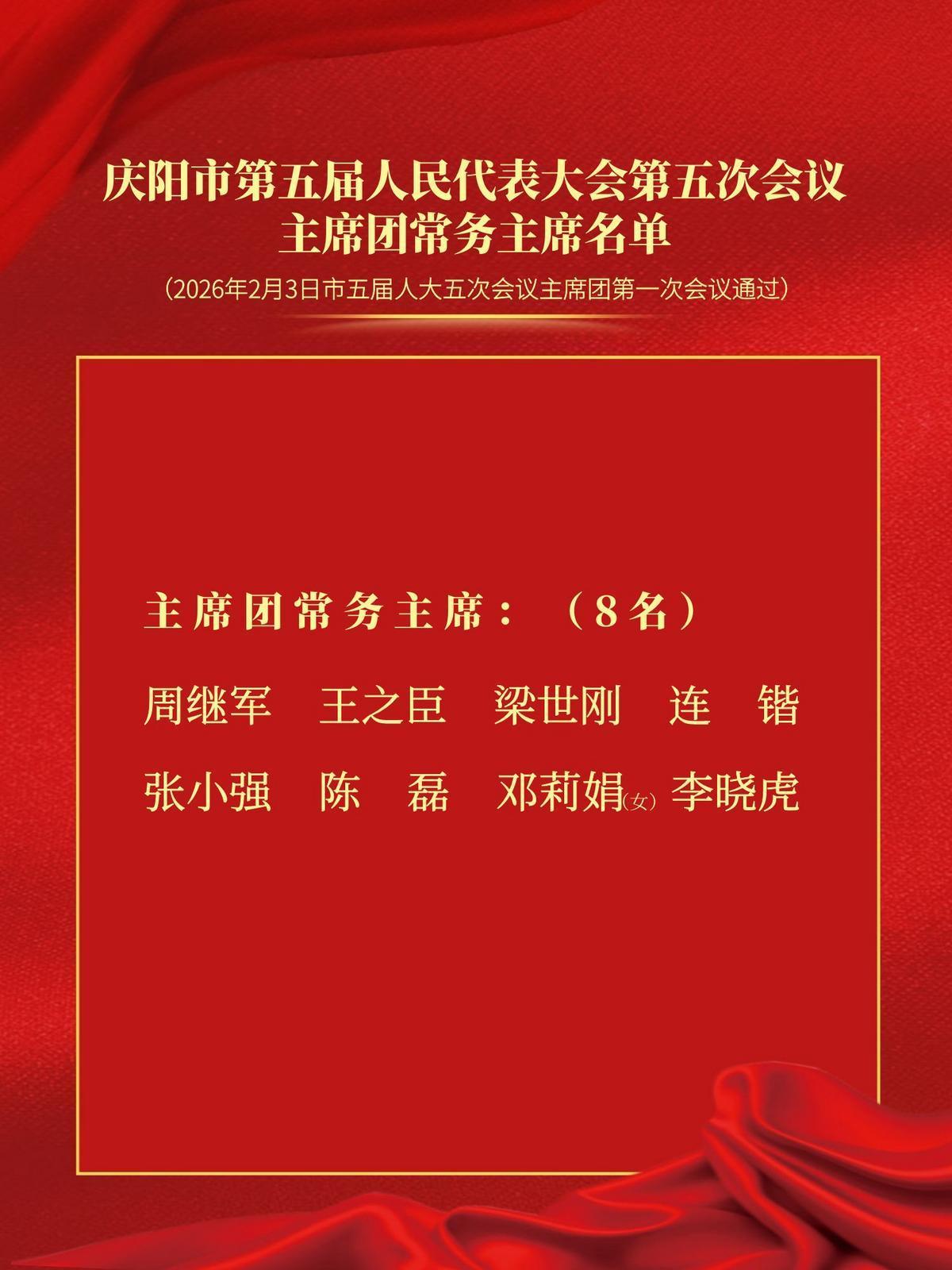 慶陽市第五屆人民代表大會(huì)第五次會(huì)議主席團(tuán)常務(wù)主席名單